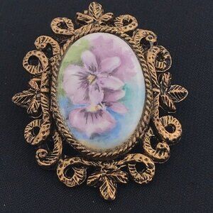 Vintage Gold-Tone Hand-Painted Floral Brooch & Pendant Combo Oval Frame